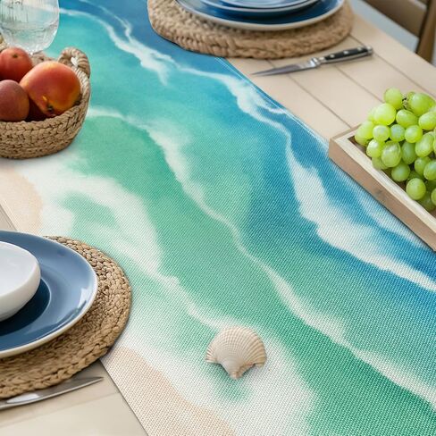 Bonhause Coastal Beach Table Runner 13x72 Inch Teal Blue Summer Ocean Kitchen Dinning Table Decoration for Indoor Outdoor Home Party Decor in Kuwait