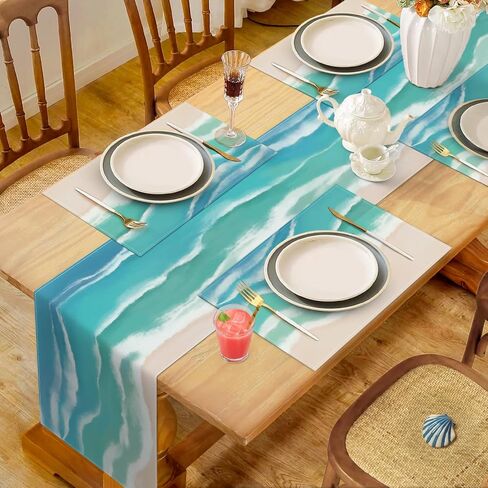 Bonhause Coastal Beach Table Runner 13x72 Inch Teal Blue Summer Ocean Kitchen Dinning Table Decoration for Indoor Outdoor Home Party Decor in Kuwait
