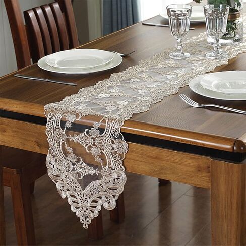 الدانتيل الجدول عداء مضمد وشاح، macrame الأزهار المطرزة خمر رائعة الجدول العداءين الأزهار لتناول الطعام حفل زفاف عطلة (الشمبانيا، 10x98 بوصة) in Kuwait