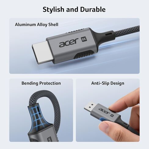 كابل Acer USB C إلى منفذ العرض 1.4 بطول 6.6 أقدام (8K@60 هرتز 4K@240 هرتز)، سلك أحادي الاتجاه من النوع C إلى DP يدعم 32.4 جيجابت في الثانية/G-Sync/HDR10، Thunderbolt 5/4/3 متوافق مع MacBook Pro/Air، XPS، Surface، iPhone17 in Kuwait