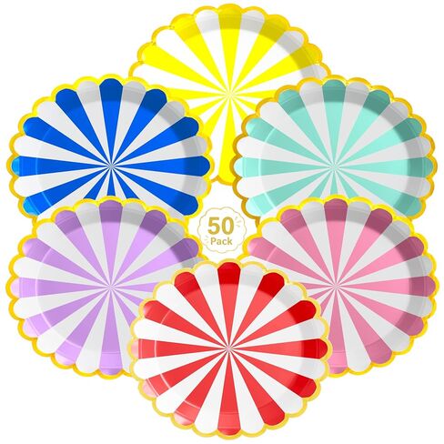 Party Plates Colorful Scalloped 9 Inch, 50 Pack, 6 Colors, Disposable Decorative Dessert Striped Paper Plates with Gold Foil Rim for Baby Shower, Birthday Party & Carnival Theme in Kuwait