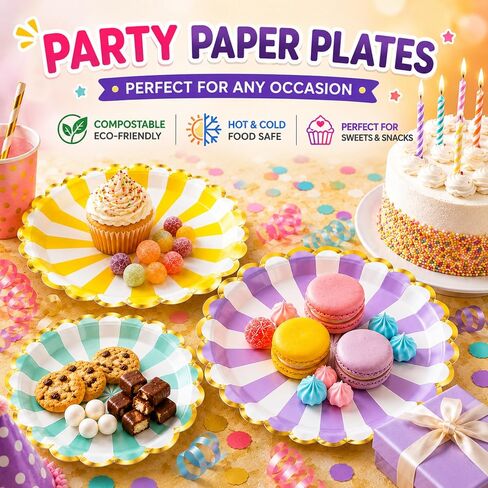 Party Plates Colorful Scalloped 9 Inch, 50 Pack, 6 Colors, Disposable Decorative Dessert Striped Paper Plates with Gold Foil Rim for Baby Shower, Birthday Party & Carnival Theme in Kuwait