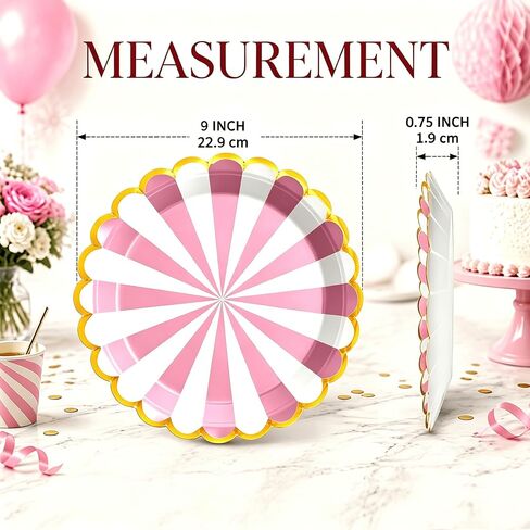 Party Plates Colorful Scalloped 9 Inch, 50 Pack, 6 Colors, Disposable Decorative Dessert Striped Paper Plates with Gold Foil Rim for Baby Shower, Birthday Party & Carnival Theme in Kuwait
