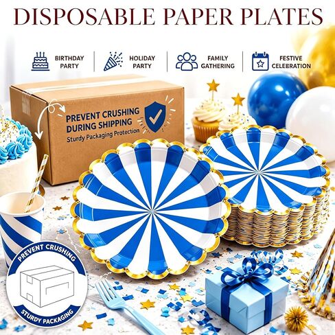 Party Plates Colorful Scalloped 9 Inch, 50 Pack, 6 Colors, Disposable Decorative Dessert Striped Paper Plates with Gold Foil Rim for Baby Shower, Birthday Party & Carnival Theme in Kuwait