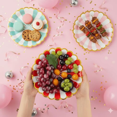 Party Plates Colorful Scalloped 9 Inch, 50 Pack, 6 Colors, Disposable Decorative Dessert Striped Paper Plates with Gold Foil Rim for Baby Shower, Birthday Party & Carnival Theme in Kuwait