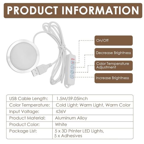 طقم مصابيح LED مكون من 5 قطع 001 متوافق مع BambLab A1/P1S/X1C، طقم إضاءة للطابعة ثلاثية الأبعاد USB 5 فولت مع ضوء عفريت دائري أبيض دافئ 3000K-6000K قابل للتعتيم | قطع غيار الأجهزة DIY لـ Makerwold in Kuwait
