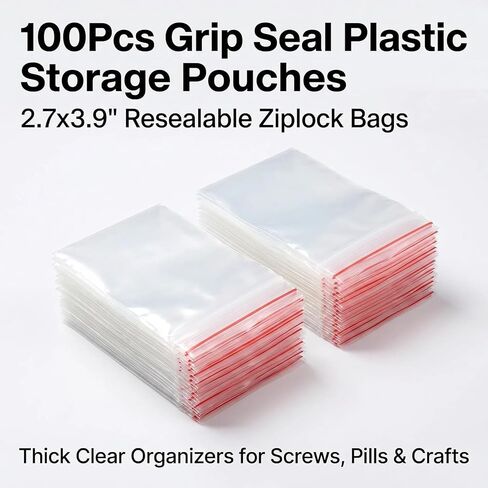 100Pcs Resealable Clear Plastic Storage Pouches - Thick Grip Seal Zip Bags for Small Parts Organization, 4"L x 3"W in Kuwait