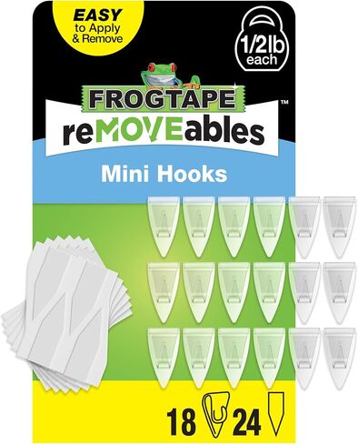 خطافات لاصقة صغيرة قابلة للإزالة من FrogTape للتعليق - 24 خطافًا أبيض و32 شريطًا لاصقًا - مشابك داخلية للأضواء والمفاتيح والأسلاك والديكور - بدون ضرر - قابلة للإزالة وإعادة الاستخدام (عبوة من 24 قطعة) in Kuwait