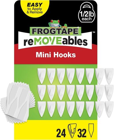 خطافات لاصقة صغيرة قابلة للإزالة من FrogTape للتعليق - 24 خطافًا أبيض و32 شريطًا لاصقًا - مشابك داخلية للأضواء والمفاتيح والأسلاك والديكور - بدون ضرر - قابلة للإزالة وإعادة الاستخدام (عبوة من 24 قطعة) in Kuwait