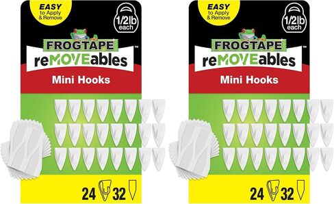 خطافات لاصقة صغيرة قابلة للإزالة من FrogTape للتعليق - 24 خطافًا أبيض و32 شريطًا لاصقًا - مشابك داخلية للأضواء والمفاتيح والأسلاك والديكور - بدون ضرر - قابلة للإزالة وإعادة الاستخدام (عبوة من 24 قطعة) in Kuwait