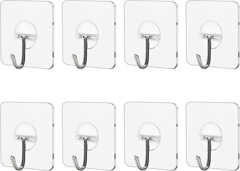 Adhesive Wall Hooks 8 Pack Heavy Duty Transparent Waterproof Hooks for Hanging Towels Coats Keys and Decor for Bathroom Kitchen Door Outdoor Use in Kuwait