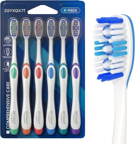 Hard Bristle Toothbrush for Adults, Manual with Wavy Bristles & Tongue Cleaner, Effective Teeth Cleaning & Breath Care – 6 Pack in Kuwait