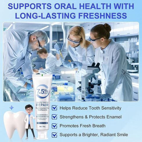 7.5% Hydroxyapatite Toothpaste for Enamel Protection & Tooth Strengthening, White Tooth Repair, Sensitive Teeth, Gentle Mint Fluoride-Free Formula (120g/4.23oz) in Kuwait