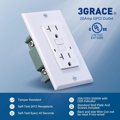 منفذ 3GRACE GFCI، وعاء GFI مقاوم للتلاعب مع مؤشر LED، قاطع دائرة خطأ أرضي للاختبار الذاتي، لوحات حائط ومسامير مزخرفة، مدرج في قائمة UL، أبيض (أبيض، 20 أمبير 1 حزمة) in Kuwait