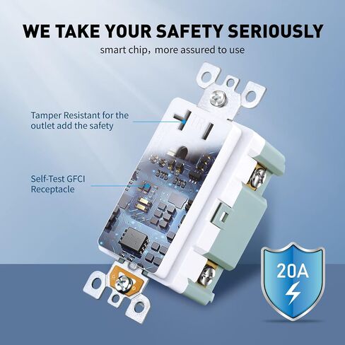 منفذ 3GRACE GFCI، وعاء GFI مقاوم للتلاعب مع مؤشر LED، قاطع دائرة خطأ أرضي للاختبار الذاتي، لوحات حائط ومسامير مزخرفة، مدرج في قائمة UL، أبيض (أبيض، 20 أمبير 1 حزمة) in Kuwait