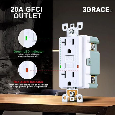 منفذ 3GRACE GFCI، وعاء GFI مقاوم للتلاعب مع مؤشر LED، قاطع دائرة خطأ أرضي للاختبار الذاتي، لوحات حائط ومسامير مزخرفة، مدرج في قائمة UL، أبيض (أبيض، 20 أمبير 1 حزمة) in Kuwait