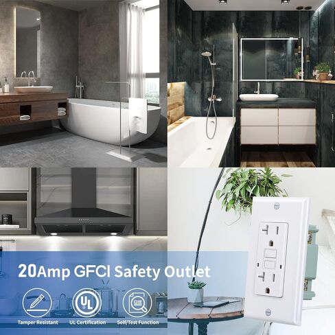 منفذ 3GRACE GFCI، وعاء GFI مقاوم للتلاعب مع مؤشر LED، قاطع دائرة خطأ أرضي للاختبار الذاتي، لوحات حائط ومسامير مزخرفة، مدرج في قائمة UL، أبيض (أبيض، 20 أمبير 1 حزمة) in Kuwait