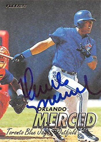 بطاقة بيسبول أورلاندو ميرسيد موقعة (تورونتو بلو جايز، قدم) 1997 Fleer #577 in Kuwait
