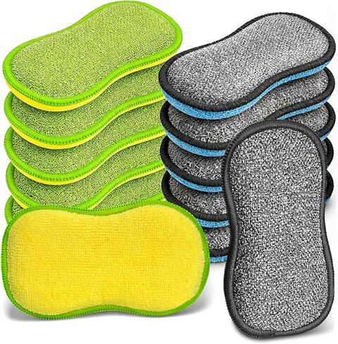 Dish Sponges Kitchen, 12 Pack Multi-Purpose Microfiber Scrub Sponge - Dual-Sided Heavy Duty Non-Scratch Scrubber, Reusable Cleaning Sponge for Dishes, Pots, Pans, Stovetop & Sink in Saudi Arabia