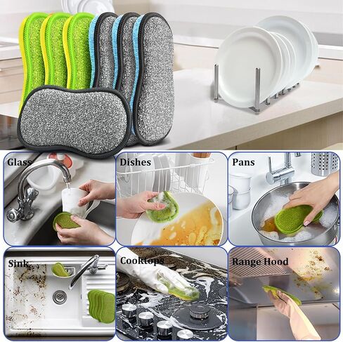 Dish Sponges Kitchen, 12 Pack Multi-Purpose Microfiber Scrub Sponge - Dual-Sided Heavy Duty Non-Scratch Scrubber, Reusable Cleaning Sponge for Dishes, Pots, Pans, Stovetop & Sink in Saudi Arabia