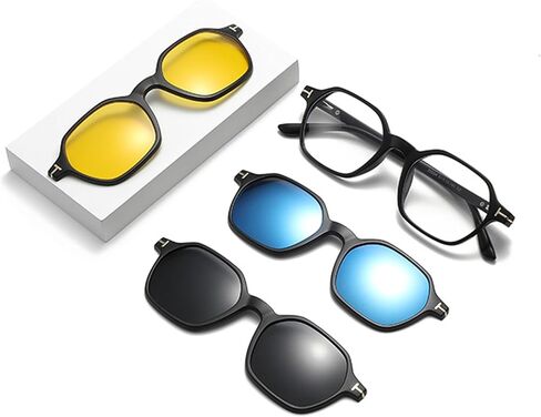 Magnetic 3Pcs Clip-On Sunglasses Set for Men and Women -for Dad Fathers Day gift – Thick Frame Square Polarized UV Protection Eyewear & Magnetic Frames for Night Driving & Fishing in Kuwait