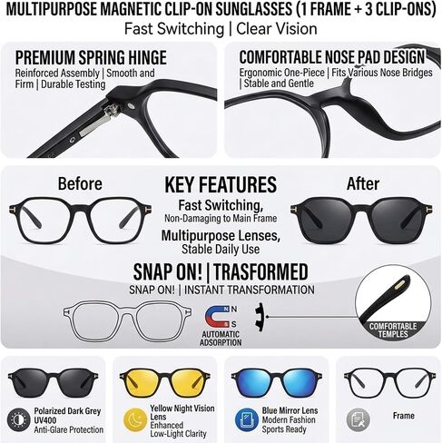 Magnetic 3Pcs Clip-On Sunglasses Set for Men and Women -for Dad Fathers Day gift – Thick Frame Square Polarized UV Protection Eyewear & Magnetic Frames for Night Driving & Fishing in Kuwait