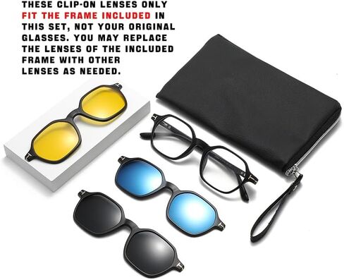 Magnetic 3Pcs Clip-On Sunglasses Set for Men and Women -for Dad Fathers Day gift – Thick Frame Square Polarized UV Protection Eyewear & Magnetic Frames for Night Driving & Fishing in Kuwait