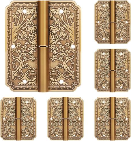 6 Pack Antique Brass Door Hinges Small Removable Decorative Hinges Four Seasons Flower Pattern Design for Furniture Cabinet Wood Jewelry Box Drawer Wardrobe Bookcase, 2.4 x 2inch in Kuwait