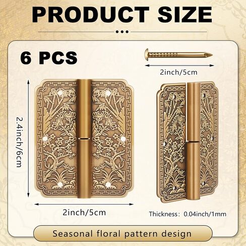 6 Pack Antique Brass Door Hinges Small Removable Decorative Hinges Four Seasons Flower Pattern Design for Furniture Cabinet Wood Jewelry Box Drawer Wardrobe Bookcase, 2.4 x 2inch in Kuwait