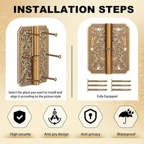 6 Pack Antique Brass Door Hinges Small Removable Decorative Hinges Four Seasons Flower Pattern Design for Furniture Cabinet Wood Jewelry Box Drawer Wardrobe Bookcase, 2.4 x 2inch in Kuwait