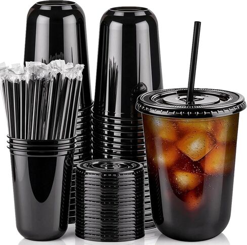 [50 Sets - 16oz Round Bottom Black Plastic Cups with Lids and Straws, Disposable Iced Coffee Cups with Lids To Go Cold Drink Cups for Smoothies, Juices, Party Catering in Kuwait