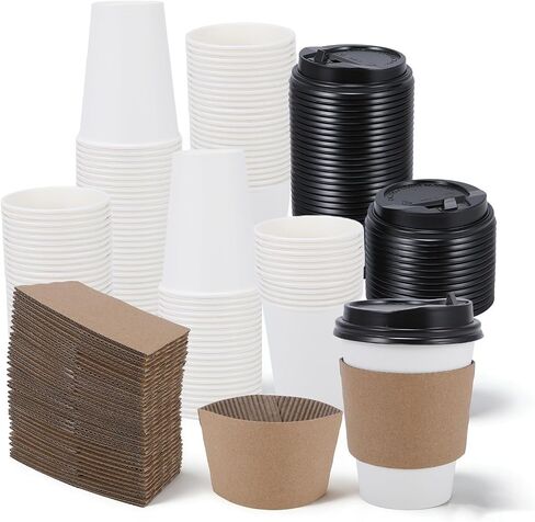 Coffee Cups, 50 Pack 12 oz Disposable Coffee Cups with Lids and Sleeves, Leak-proof & Sturdy Thick Paper, To Go Hot Paper Coffee Cups with Lids for Office Travel, Coffee Bar Accessories in Kuwait