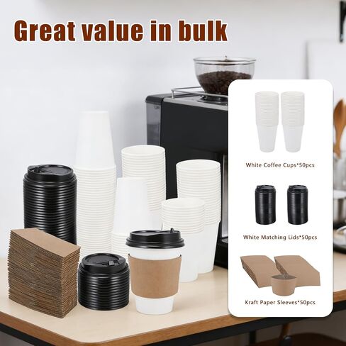 Coffee Cups, 50 Pack 12 oz Disposable Coffee Cups with Lids and Sleeves, Leak-proof & Sturdy Thick Paper, To Go Hot Paper Coffee Cups with Lids for Office Travel, Coffee Bar Accessories in Kuwait