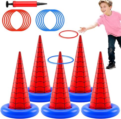 Thenshop 16 Pcs Spider Theme Inflatable Ring Toss Game Set Includes 5 Inflatable Cones 10 Plastic Rings and 1 Pump Spider Birthday Party Toss Game for Indoor Outdoor Lawn Yard Garden Party Supplies in Kuwait