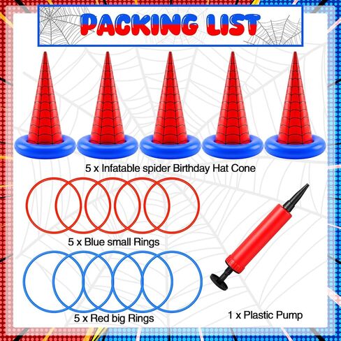 Thenshop 16 Pcs Spider Theme Inflatable Ring Toss Game Set Includes 5 Inflatable Cones 10 Plastic Rings and 1 Pump Spider Birthday Party Toss Game for Indoor Outdoor Lawn Yard Garden Party Supplies in Kuwait