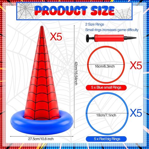 Thenshop 16 Pcs Spider Theme Inflatable Ring Toss Game Set Includes 5 Inflatable Cones 10 Plastic Rings and 1 Pump Spider Birthday Party Toss Game for Indoor Outdoor Lawn Yard Garden Party Supplies in Kuwait