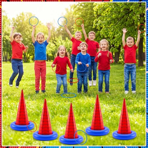 Thenshop 16 Pcs Spider Theme Inflatable Ring Toss Game Set Includes 5 Inflatable Cones 10 Plastic Rings and 1 Pump Spider Birthday Party Toss Game for Indoor Outdoor Lawn Yard Garden Party Supplies in Kuwait
