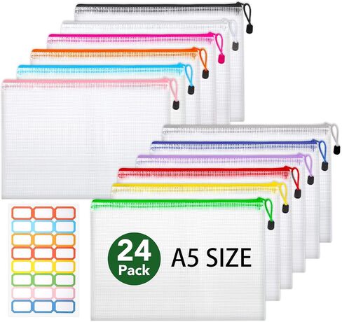 Thboxes 24 Pack Mesh Zipper Pouch Bags, A5 9.4x6.9 in Mesh Bags - 12 Colors Waterproof Small Zipper Pouch for Home, Travel and Office Storage in Kuwait