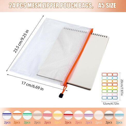 Thboxes 24 Pack Mesh Zipper Pouch Bags, A5 9.4x6.9 in Mesh Bags - 12 Colors Waterproof Small Zipper Pouch for Home, Travel and Office Storage in Kuwait
