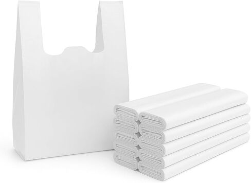 [50 عددًا] أكياس تي شيرت بلاستيكية بيضاء بمقابض - HDPE شديدة التحمل 26 ميكرون 11 بوصة × 6 بوصة × 21 بوصة (1/6 BBL) - حقائب تناول الطعام في الخارج وحقائب الحمل القابلة لإعادة التدوير للمطاعم والبقالة والتجزئة وشاحنات الطعام in Kuwait