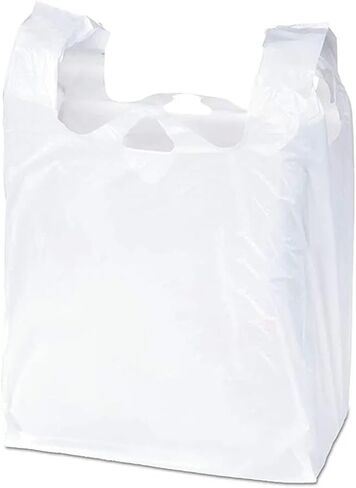 [50 عددًا] أكياس تي شيرت بلاستيكية بيضاء بمقابض - HDPE شديدة التحمل 26 ميكرون 11 بوصة × 6 بوصة × 21 بوصة (1/6 BBL) - حقائب تناول الطعام في الخارج وحقائب الحمل القابلة لإعادة التدوير للمطاعم والبقالة والتجزئة وشاحنات الطعام in Kuwait