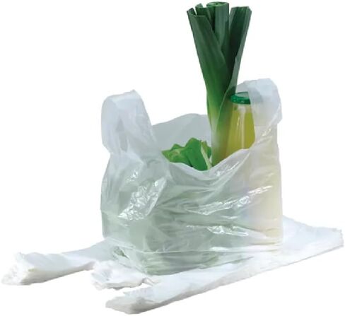 [50 عددًا] أكياس تي شيرت بلاستيكية بيضاء بمقابض - HDPE شديدة التحمل 26 ميكرون 11 بوصة × 6 بوصة × 21 بوصة (1/6 BBL) - حقائب تناول الطعام في الخارج وحقائب الحمل القابلة لإعادة التدوير للمطاعم والبقالة والتجزئة وشاحنات الطعام in Kuwait
