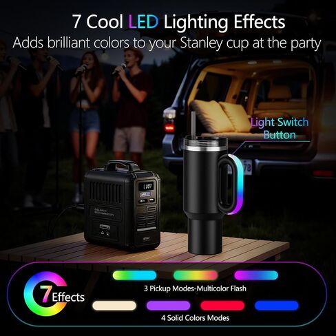 مقبض بهلوان بإضاءة LED بـ 7 أوضاع لكأس ستانلي 40 أونصة/30 أونصة، مقبض بهلوان مع أضواء إيقاع موسيقى صغيرة تستخدم للحفلات الخارجية والمنزل، هدية ستانلي لعيد الميلاد وعيد الميلاد وعيد الحب (H10 أسود) in Kuwait