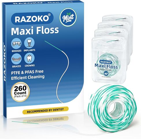 RAZOKO Threader Floss توفير الوقت المناسب للأقواس والمزروعات والفجوات الواسعة للأسنان، 2 في 1 خيط تنظيف الأسنان المشمع الموسع للتنظيف العميق، لطيف للبالغين والأطفال، (65 عددًا (عبوة من 2)، نعناع) in Kuwait