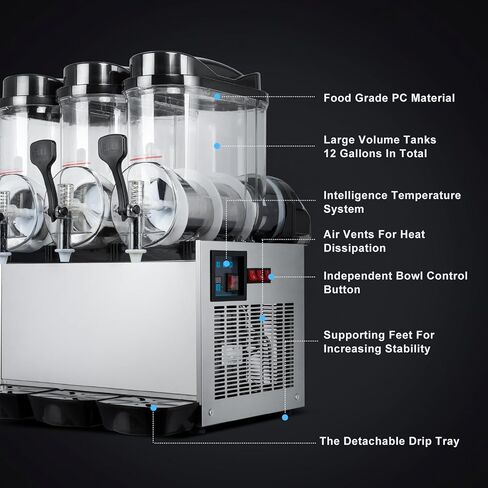 TECSPACE 45L Commercial Slushie Machine, 3-Tank Margarita Machine, 12 Gal Stainless Steel Margarita Smoothie Frozen Drink Machine, Slushy Machine for Party Restaurants Cafe Bars in Kuwait