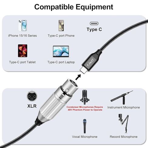 J&D 3.3 FT USB C to XLR Microphone Cable and 48V Phantom Power Supply Bundle, Suitable for Condenser Mics, Studio Recording in Kuwait