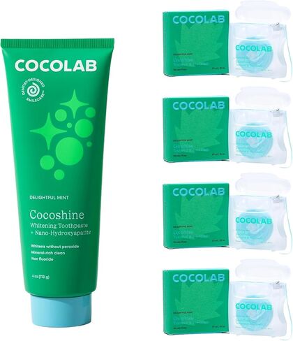 Cocolab Cocofloss Oral-Care Set, 4 Spools Dental Floss & 1 Cocoshine, Woven String Floss with Coconut Oil, Powerful Whitening Toothpaste, Dentist-Designed, Delightful Mint in Kuwait