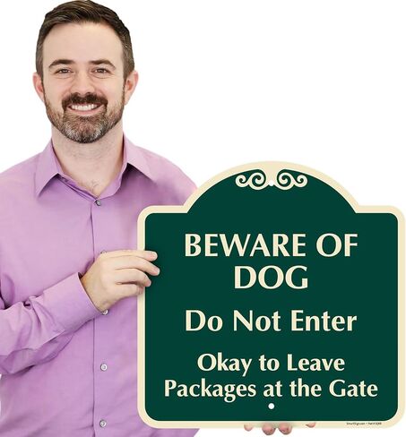 SmartSign 'Beware Of Dog Do Not Enter Okay To Leave Packages At The Gate' Designer Sign - 18" x 18", 80 mil Aluminum, Laminated Engineer Grade Reflective, Pre-Drilled Holes, Green/Ivory, Made in USA in Kuwait