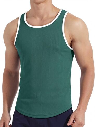 Men's Ribbed Racerback Tank Top Stretchy Color Block Trim Slim Fit Sleeveless Shirt Workout in Kuwait