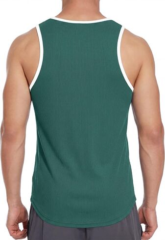 Men's Ribbed Racerback Tank Top Stretchy Color Block Trim Slim Fit Sleeveless Shirt Workout in Kuwait